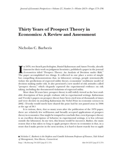 Barberis 2013 Thirty Years Of Prospect Theory In Economics A Review And