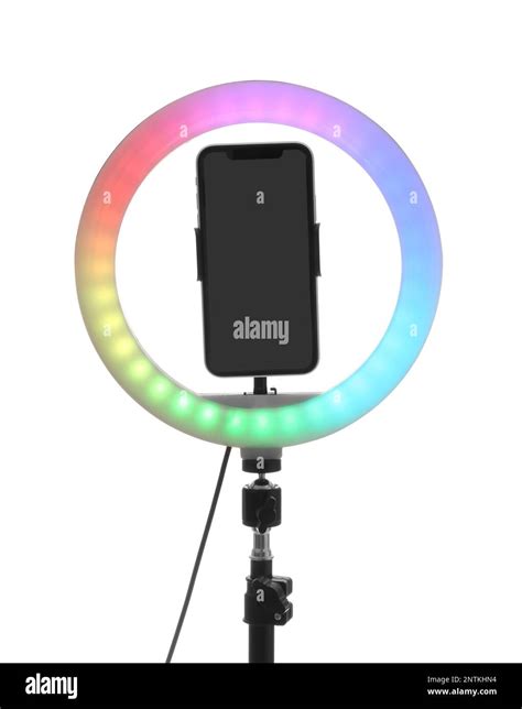 Tripod with ring light and smartphone isolated on white Stock Photo - Alamy