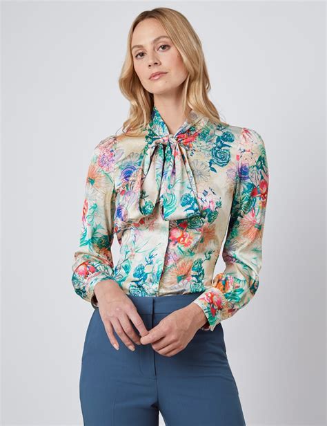 Womens Cream And Green Floral Fitted Satin Blouse Single Cuff Pussy