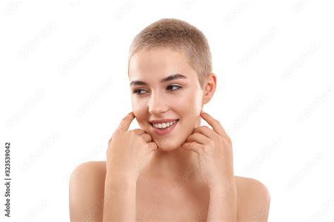 Real Beauty Portrait Of A Beautiful Half Naked Blond Woman With Short Hair Touching Her Cheeks