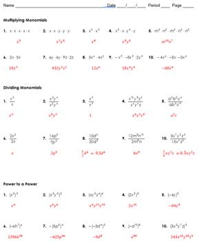 Monomials Homework Multiply Divide Powers Common Core Math By