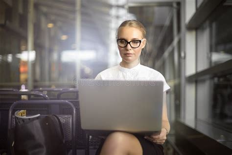 Female In Spectacles Using Netbook Stock Photo Image Of Economist