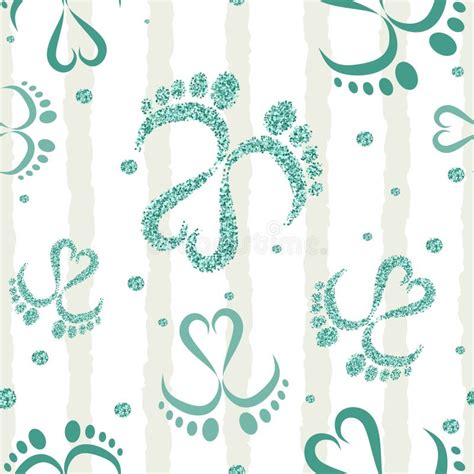 Seamless Vector Pattern Of Baby Feet And Heart With Glitter Effect