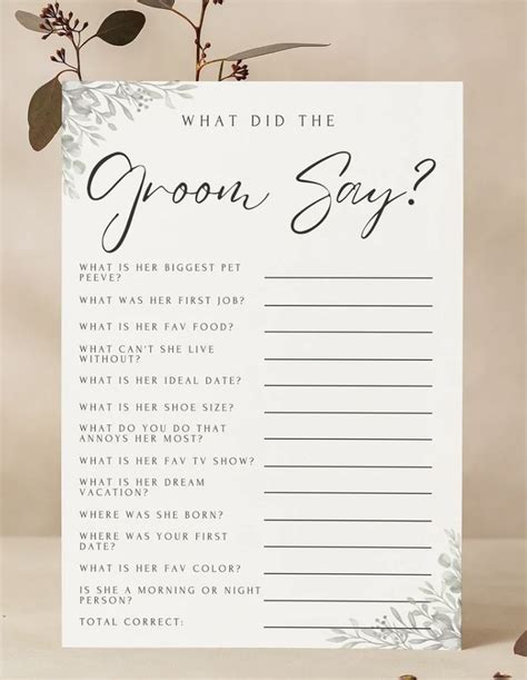 What Did The Groom Say Game Greenery Minimalist Bridal Shower Game