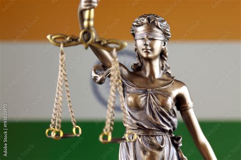 Symbol of law and justice with India Flag. Close up. Stock Photo ...