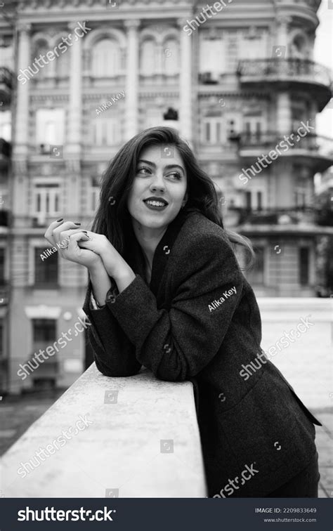 Brunette Coat Portrait Black White Cute Stock Photo