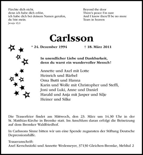 Traueranzeigen Von Carlsson Wedemeyer Trauer Anzeigen De