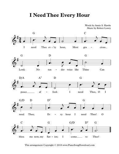 I Need Thee Every Hour: Free Hymn Lead Sheet with melody, lyrics and chords