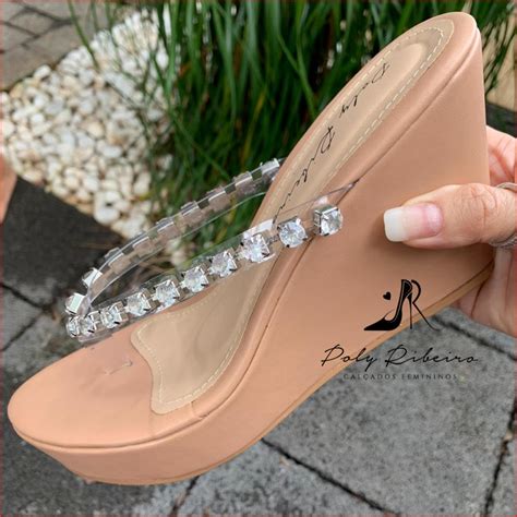 Tamanco De Dedo 36 Anabela Nude Tiras Transparente Pedrarias