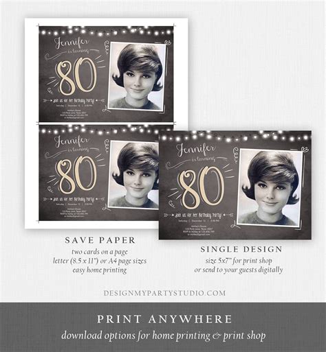 Editable 80th Birthday Invitation Chalkboard Rustic Adult Etsy