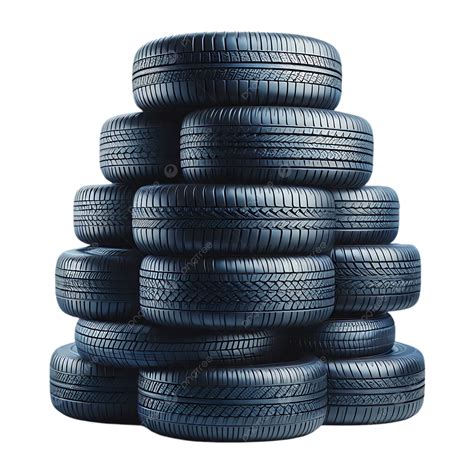 A Neatly Stacked Tower Of 14 Black Car Tires Showcasing Their Tread