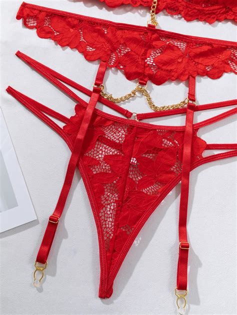 Snapklik Sexy Chain Floral Lace Underwire Push Up Garter Belt Chocker Lingerie Set Women