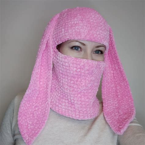 Pink Bunny Balaclava Crochet Fluffy Balaclava With Bunny Ear Inspire