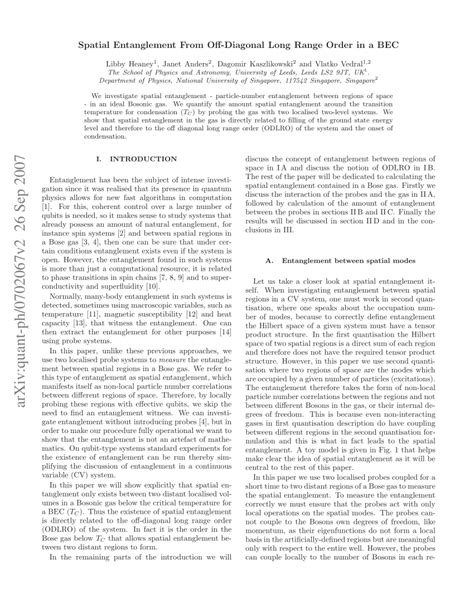 Pdf Spatial Entanglement From Off Diagonal Long Range Order In A Bose