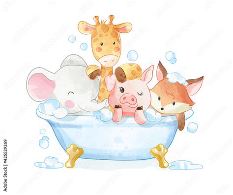 Cute cartoon animals showering in bath tub illustration Stock Vector ...