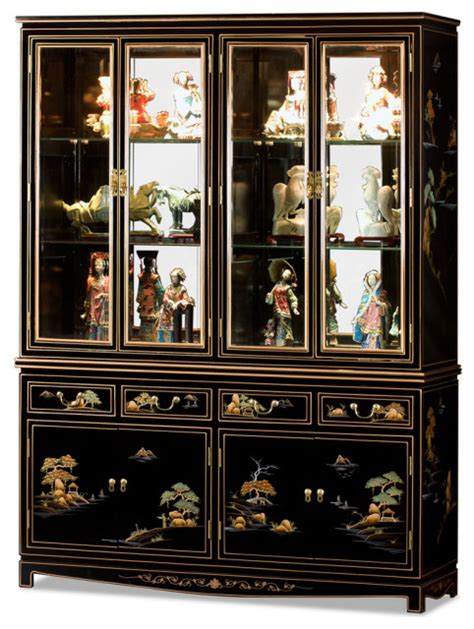 60in Black Lacquer Chinoiserie Oriental China Cabinet Asian China