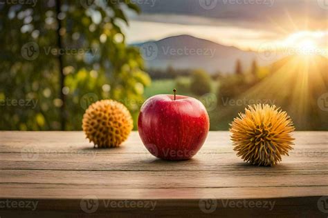 an apple and two spiky balls sit on a table. AI-Generated 30155607