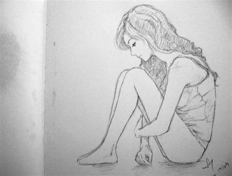 Sketch Of A Girl Sitting And Crying