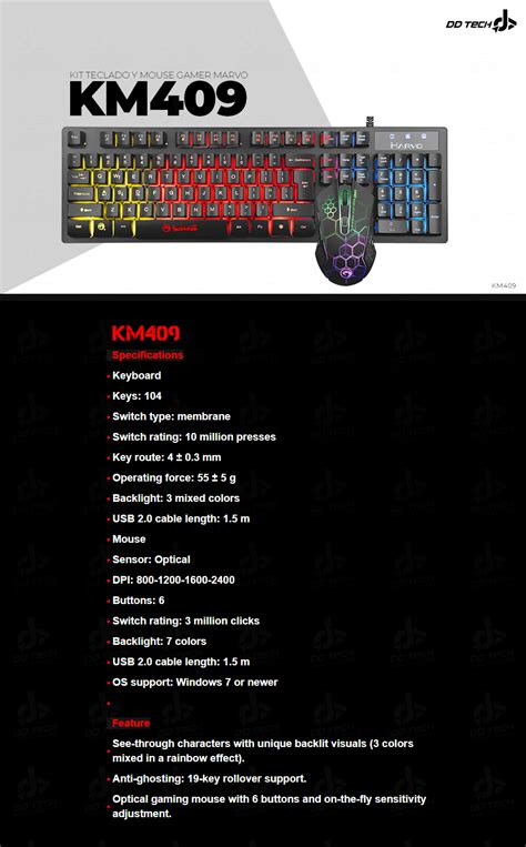 Kit de Teclado y Mouse Alambrico Gamer Marvo KM409 USB Español Led DD