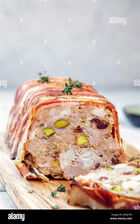 Terrine Of Pork With Pistachios Cherries Chicken And Bacon Stock