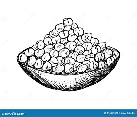 Bowl With Chickpeas Handful Of Peas An Ingredient For Making Hummus Hand Drawn Vintage Sketch