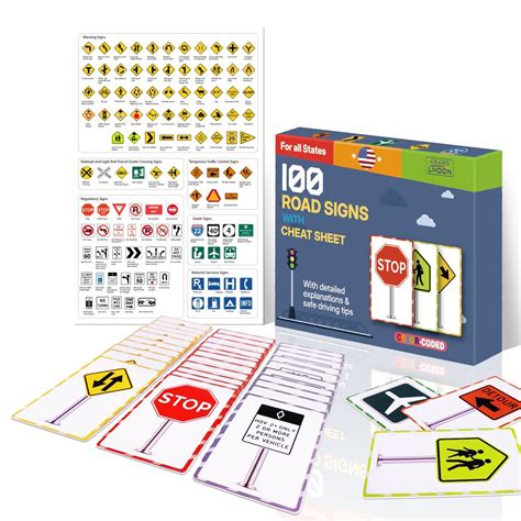 100 Road Sign Flash Cards with Cheat Sheet Color-Coded Detailed