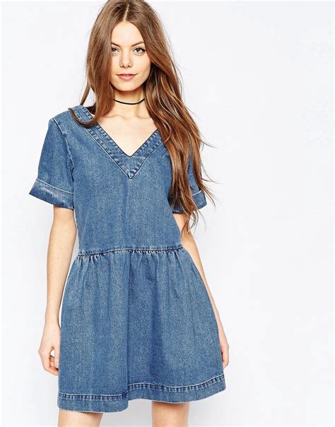 Asos Denim Smock Dress In Mid Wash Blue At Acid Wash Denim