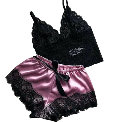 Womens Sexy Lace Sleepwear Lace Nachtkleding Lingerie Sleeveless V Neck Babydoll Pajamas Set