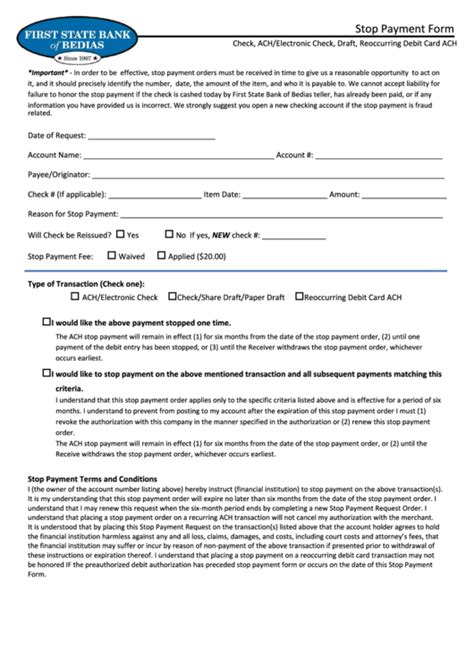 Fillable Stop Payment Form First State Bank Of Bedias Printable Pdf