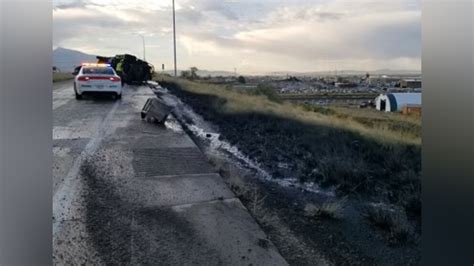 Ramp Closed In Salt Lake City After Semi Carrying Tar Overturns