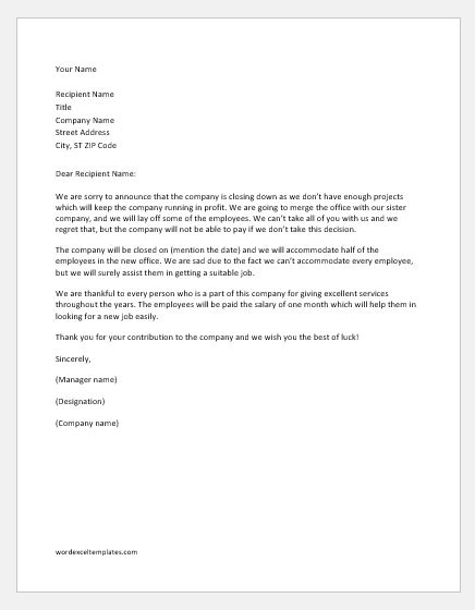 Workplace Closing Letter To Staff Word Excel Templates