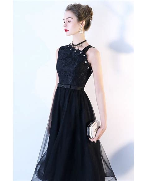 Black Lace Tulle Party Dress Tea Length With Irregular Shoulder