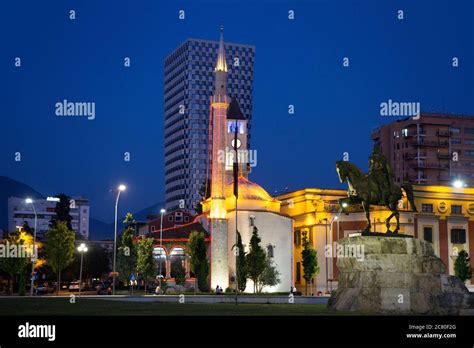 Illuminated Skanderbeg Square At Tirana Albania At Night Stock Photo