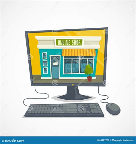 Online Shop Concept With Computer Shop Building, Computer Mouse And ...