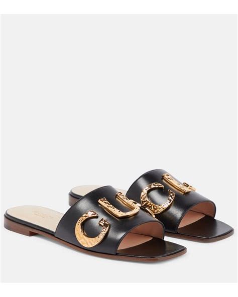 Gucci Embellished Leather Flat Sandals In Black Lyst