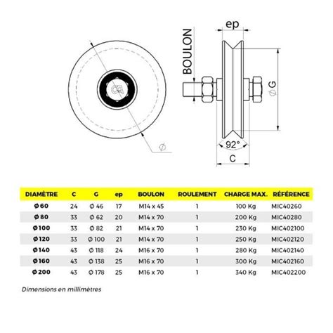 Roue ou galet de portail Diamètre 120 mm Rail gorge V Acier