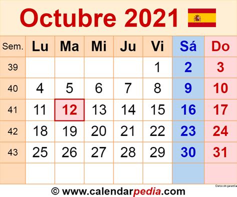 Calendario Octubre En Word Excel Y Pdf Calendarpedia