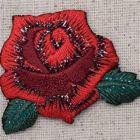 Red Rose Open Petals And Stem Flower Iron On Applique Etsy