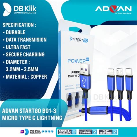 Kabel Data Premium Advan Startgo B Micro Type C Lightning B Blue