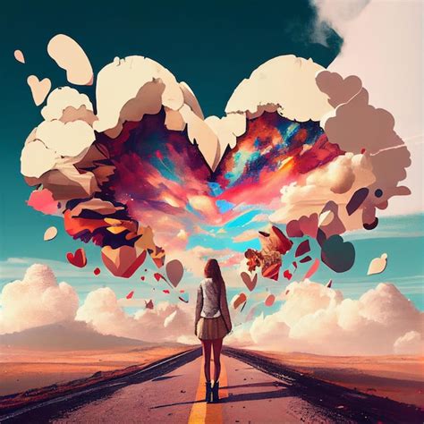 Premium AI Image Huge Heart In The Sky Woman Walking On A Road Love