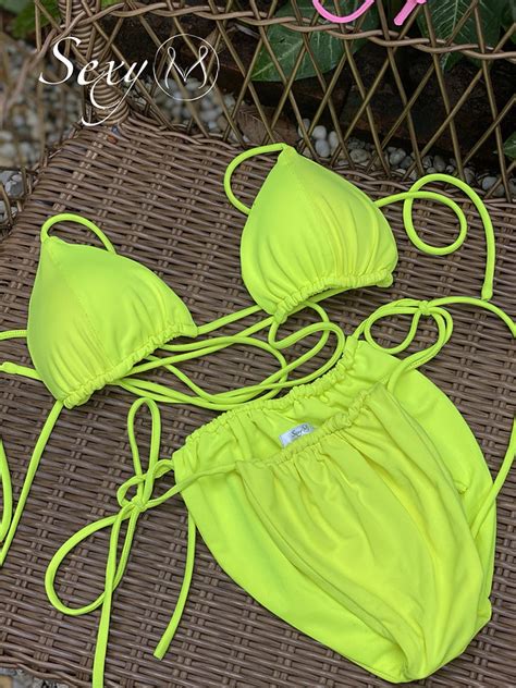 b076xg bikini buộc dây màu xanh chuối neon