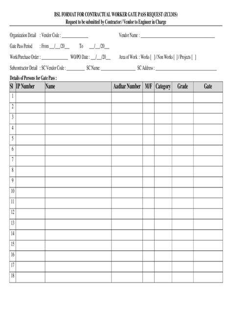 Fillable Online Gate Pass Form Template Fax Email Print Pdffiller