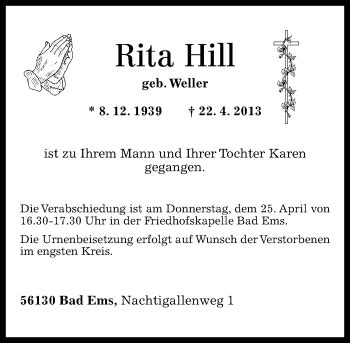 Traueranzeigen Von Rita Hill Rz Trauer De