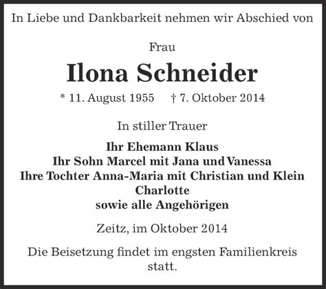 Traueranzeigen Von Ilona Schneider Abschied Nehmen De