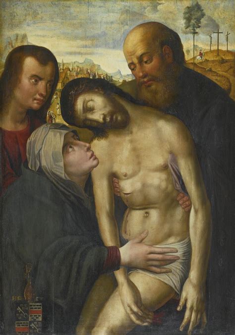 An Image Of The Crucifix Being Held By Two Men And One Woman