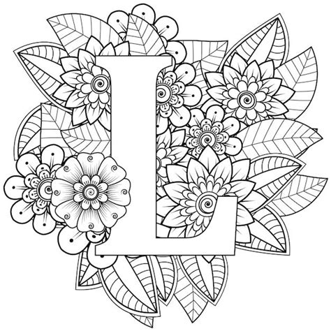 The Letter L Is Surrounded By Flowers And Leaves In This Coloring Page