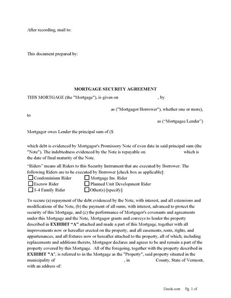 Vermont Mortgage Security Agreement And Promissory Note Forms Deeds