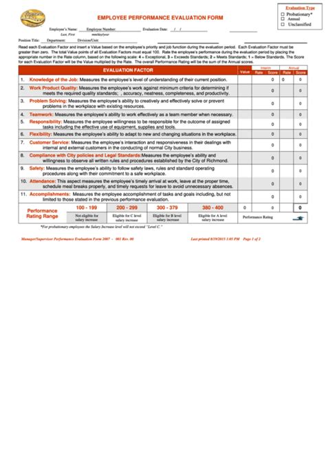 Employee Performance Evaluation Form printable pdf download