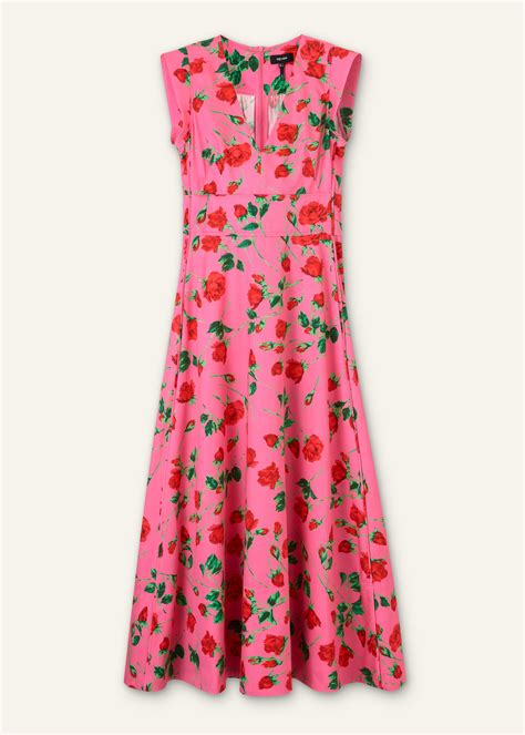 Cotton Sateen Rose Print Maxi Dress Pinkgreenred