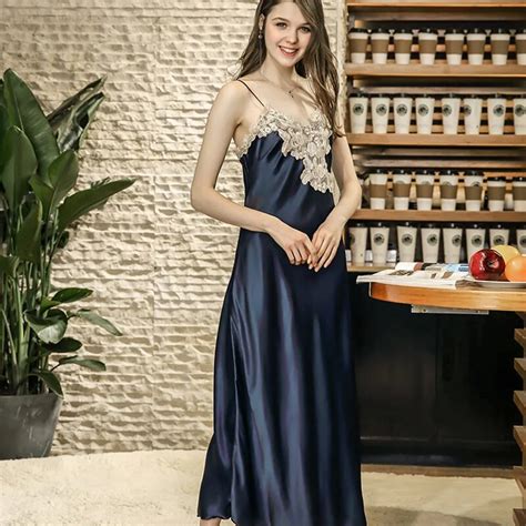 Ladies Sexy Silk Satin Nightgown Long Night Dress Lace Sleepshirt Summer Nightdress V Neck